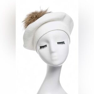 White Cashmere Blended French Beret with Raccoon Fur Pom Hat